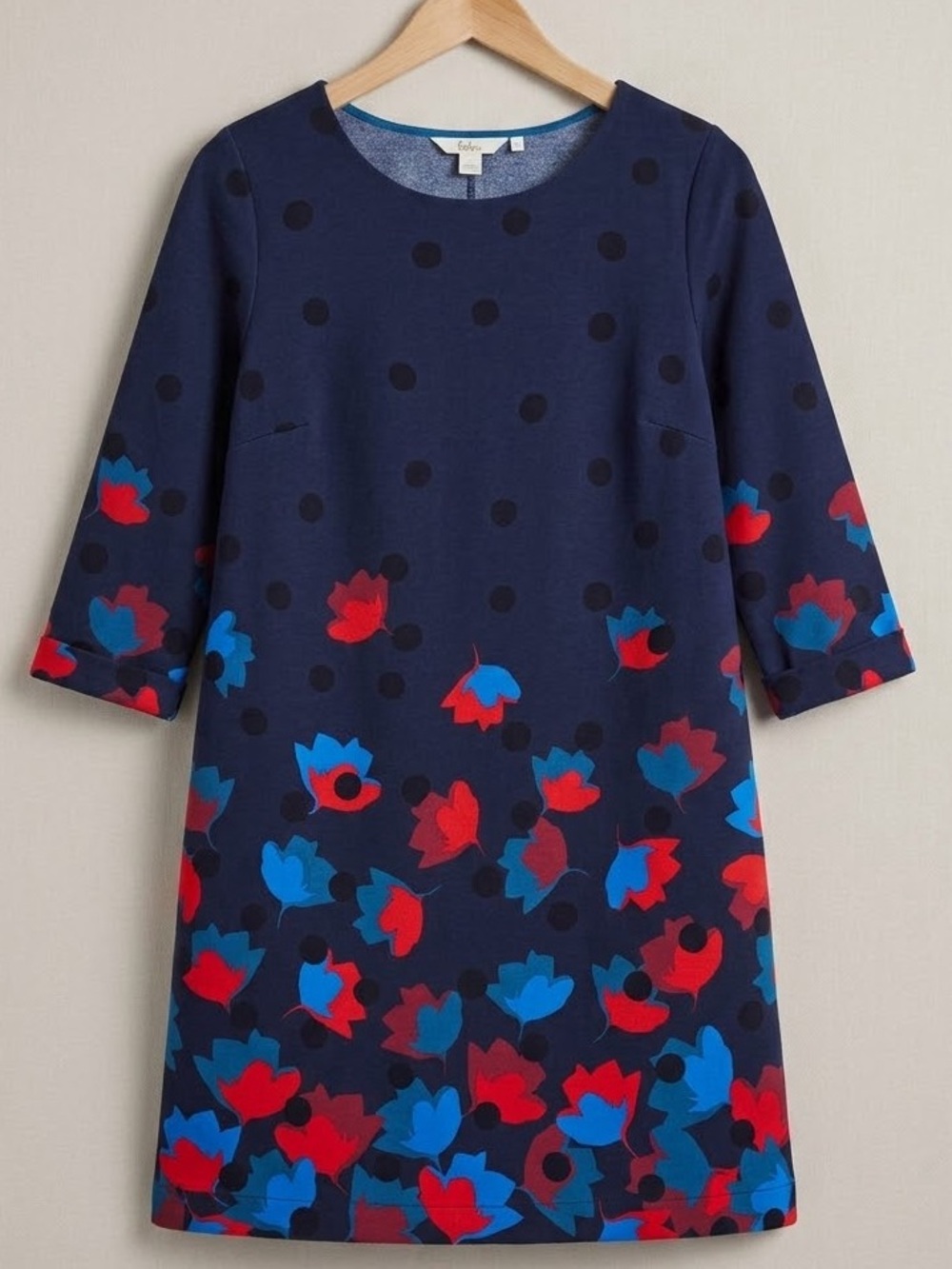 Boden Rachel Shift Navy Midi Dress with Red & Blue Floral Print 12